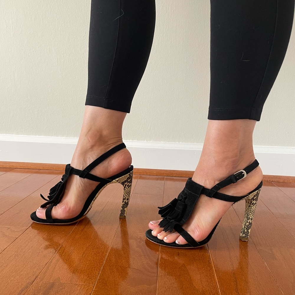 Dries Van Noten Black Suede Embossed Snakeskin Leather Fringe Front Heels -Sz 7